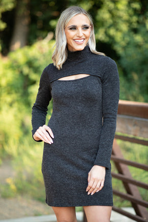 Black Rib Knit Mock Neck Dress With Cutout - Filly Flair