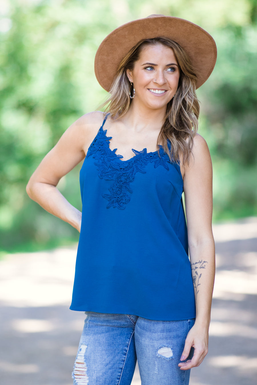 Slate Blue Crochet Lace Trim Tank - Filly Flair