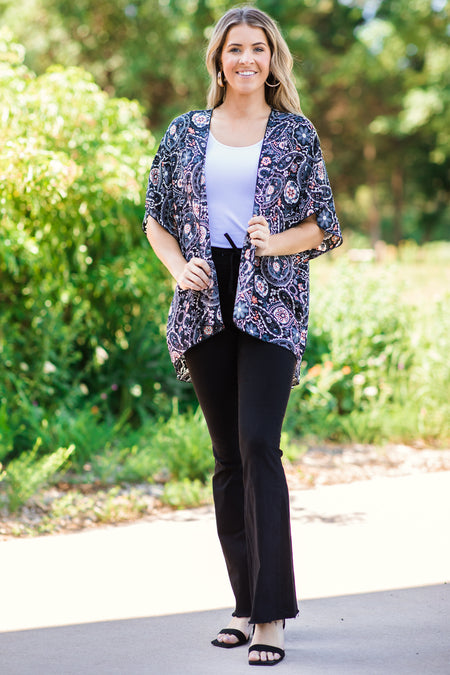 Charcoal Multicolor Paisley Print Kimono - Filly Flair