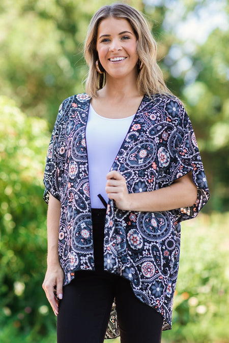 Charcoal Multicolor Paisley Print Kimono - Filly Flair