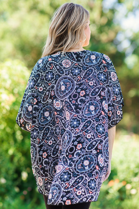 Charcoal Multicolor Paisley Print Kimono - Filly Flair