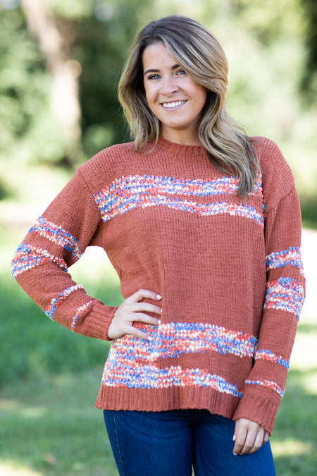 Cinnamon Sweater With Multicolor Stripes - Filly Flair