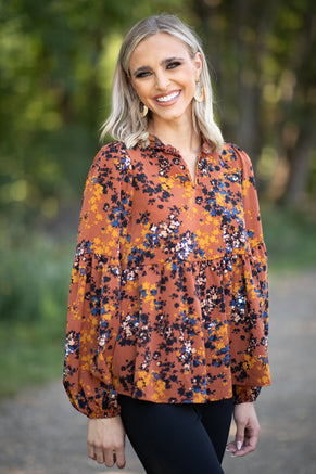 Burnt Orange and Navy Floral Notch Neck Top - Filly Flair