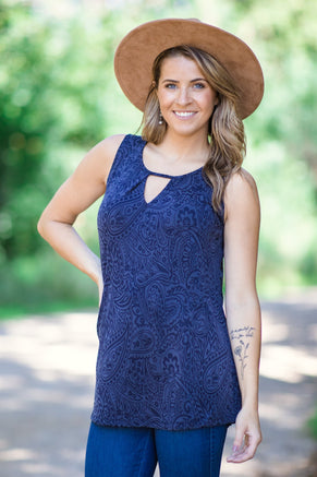 Navy Tonal Paisley Print Tank - Filly Flair