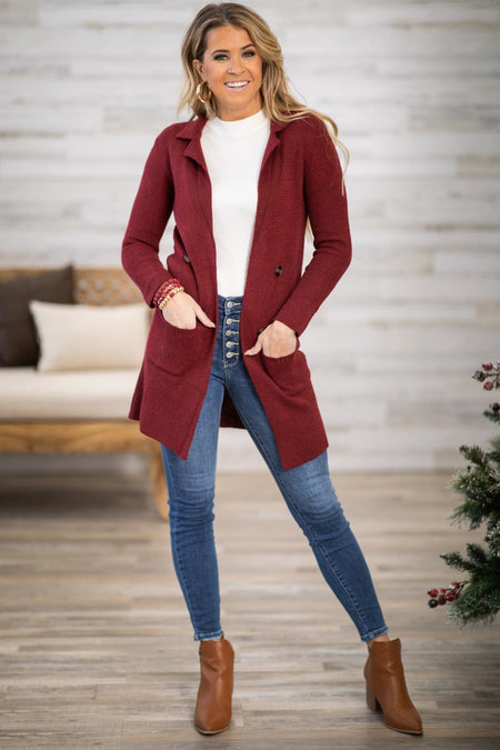 Burgundy Collared Mid Length Cardigan - Filly Flair