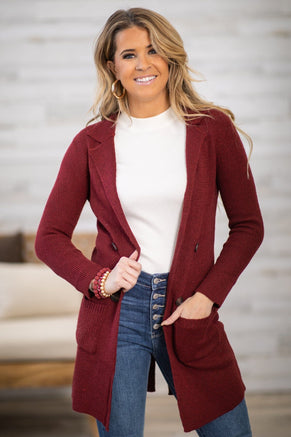 Burgundy Collared Mid Length Cardigan - Filly Flair