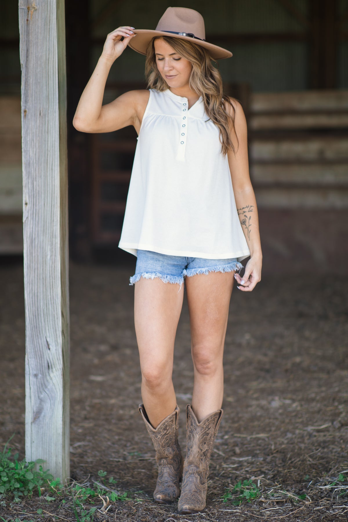 Cream Henley Tank With Pleat Detail - Filly Flair