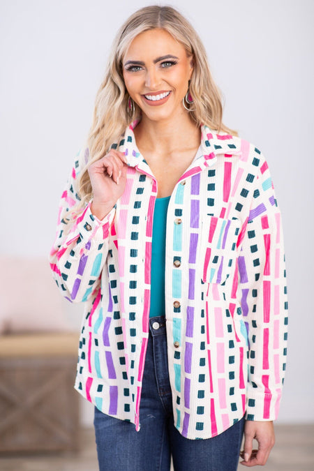 Pink Multicolor Geometric Print Jacket - Filly Flair