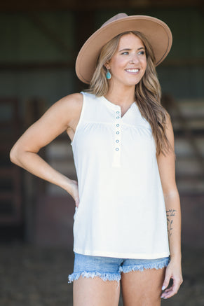 Cream Henley Tank With Pleat Detail - Filly Flair