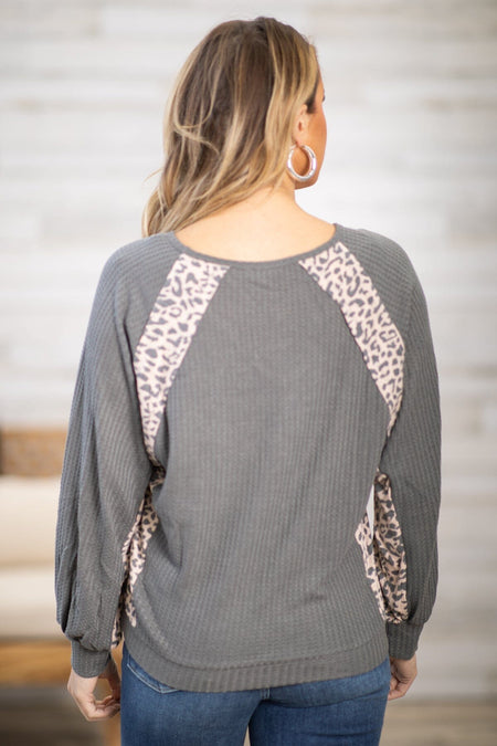 Grey Animal Print Trim Detail Top - Filly Flair