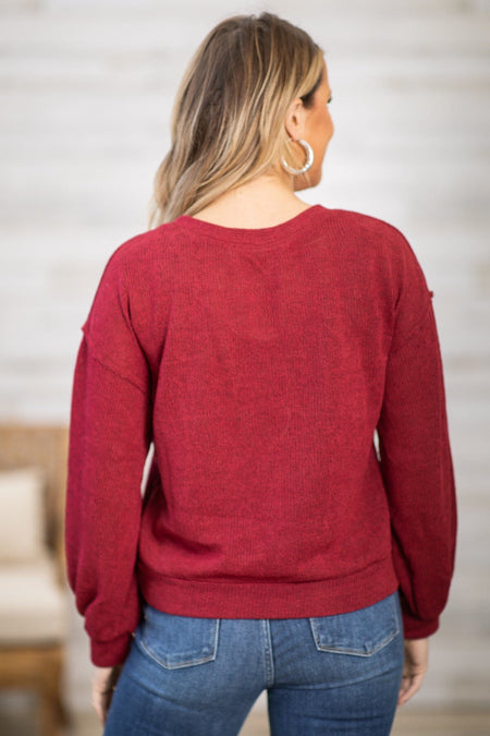 Burgundy Reverse Seam Drop Shoulder Sweater - Filly Flair