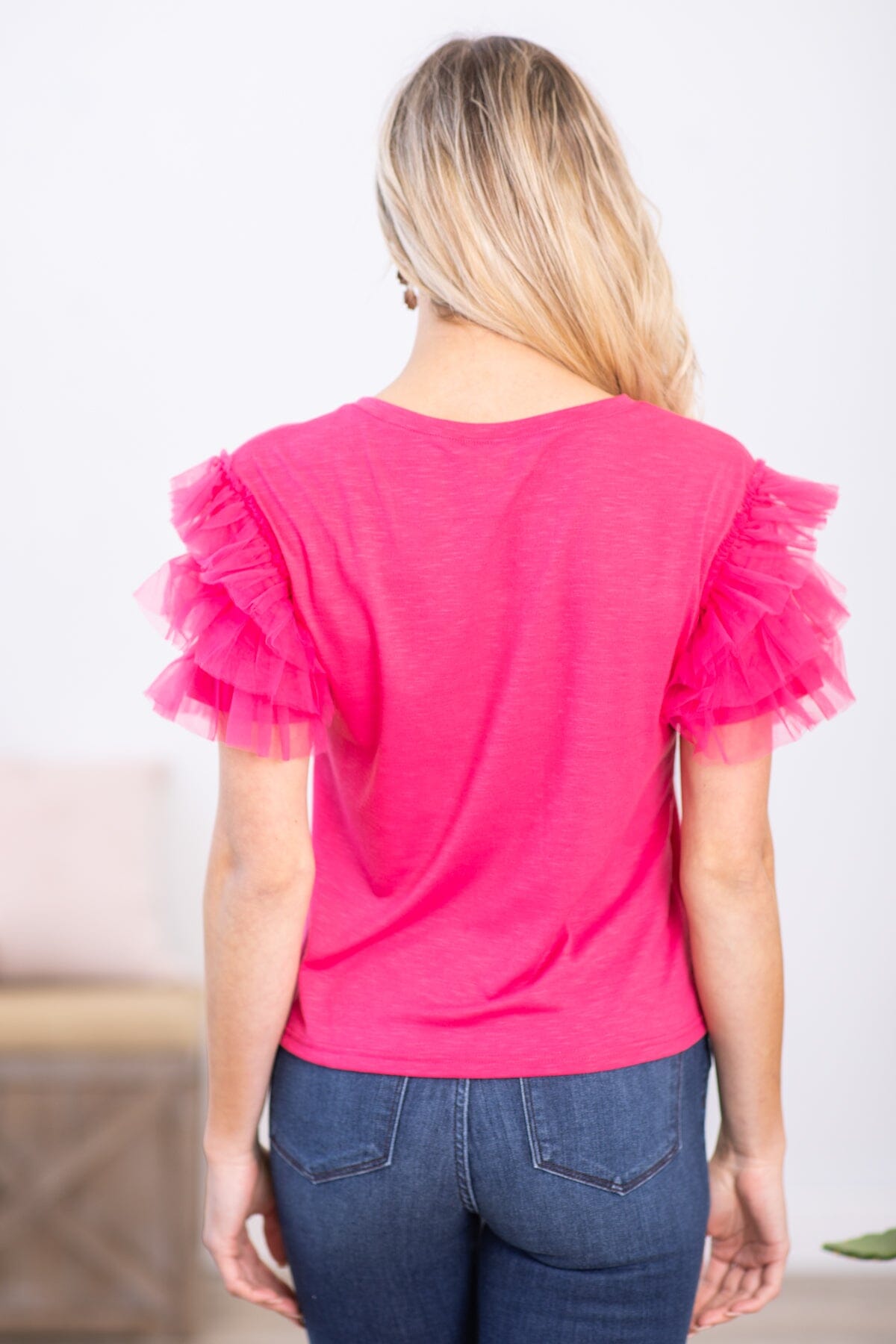 Hot Pink Layered Tulle Sleeve Top