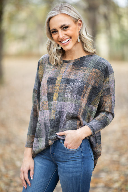 Charcoal Multicolor Abstract Plaid Top - Filly Flair