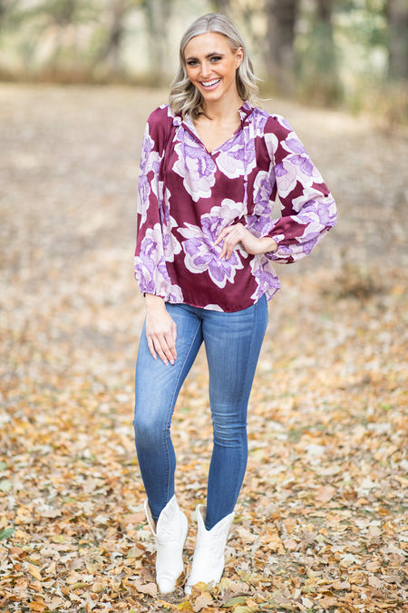 Berry and Purple Floral Print Tie Neck Top - Filly Flair