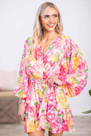 Hot Pink and Yellow Floral Long Sleeve Dress - Filly Flair