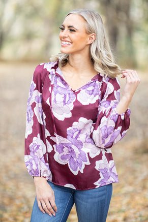 Berry and Purple Floral Print Tie Neck Top - Filly Flair