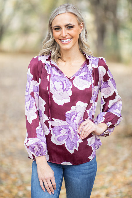 Berry and Purple Floral Print Tie Neck Top - Filly Flair