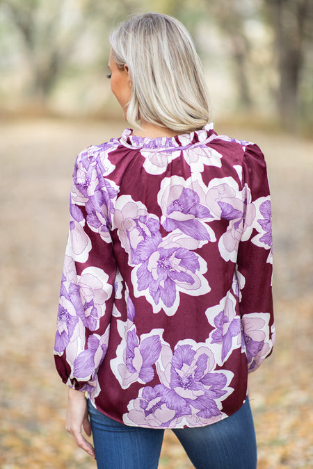 Berry and Purple Floral Print Tie Neck Top - Filly Flair