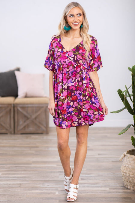 Raspberry Multicolor Floral Print V-Neck Dress - Filly Flair