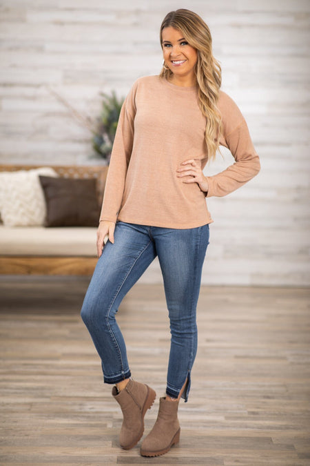 Tan Crew Neck Top With Snap Detail - Filly Flair