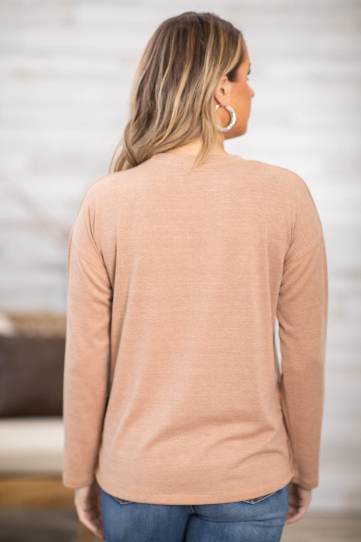 Tan Crew Neck Top With Snap Detail - Filly Flair