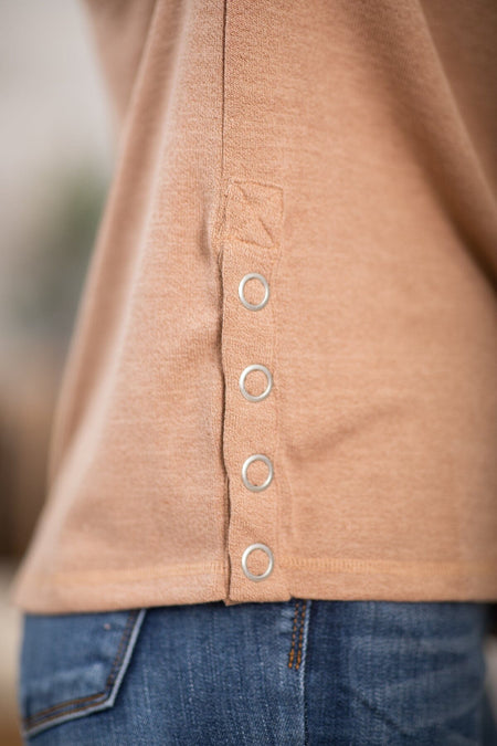 Tan Crew Neck Top With Snap Detail - Filly Flair