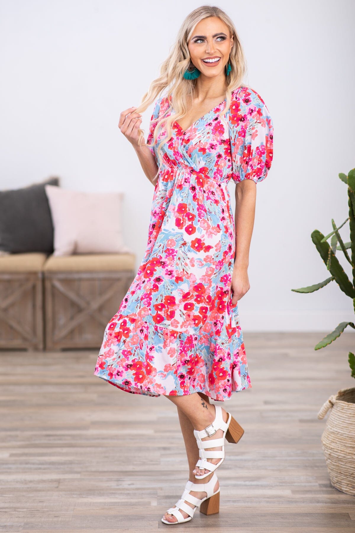 Sky Blue and Pink Puff Sleeve Floral Dress - Filly Flair