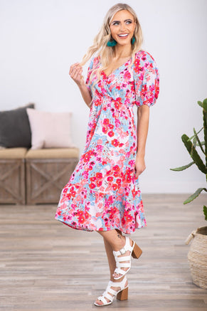 Sky Blue and Pink Puff Sleeve Floral Dress - Filly Flair