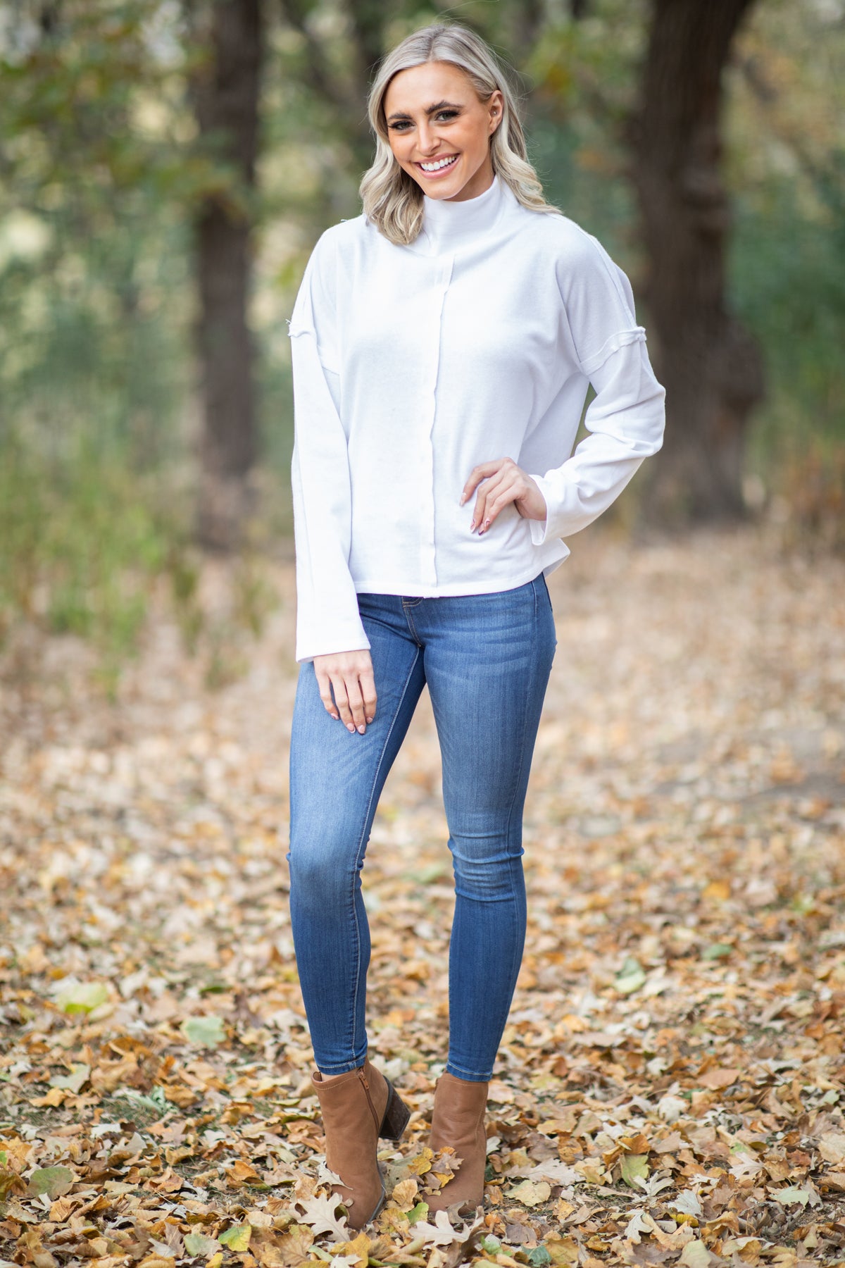 White Drop Shoulder Mock Neck Top - Filly Flair