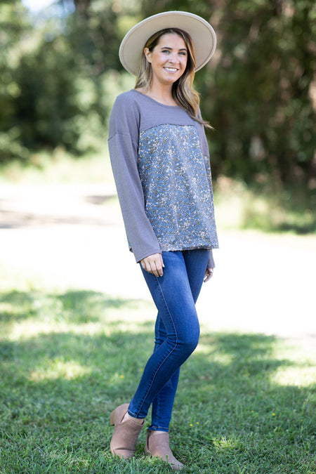 Mocha and Dusty Blue Floral Print Top - Filly Flair