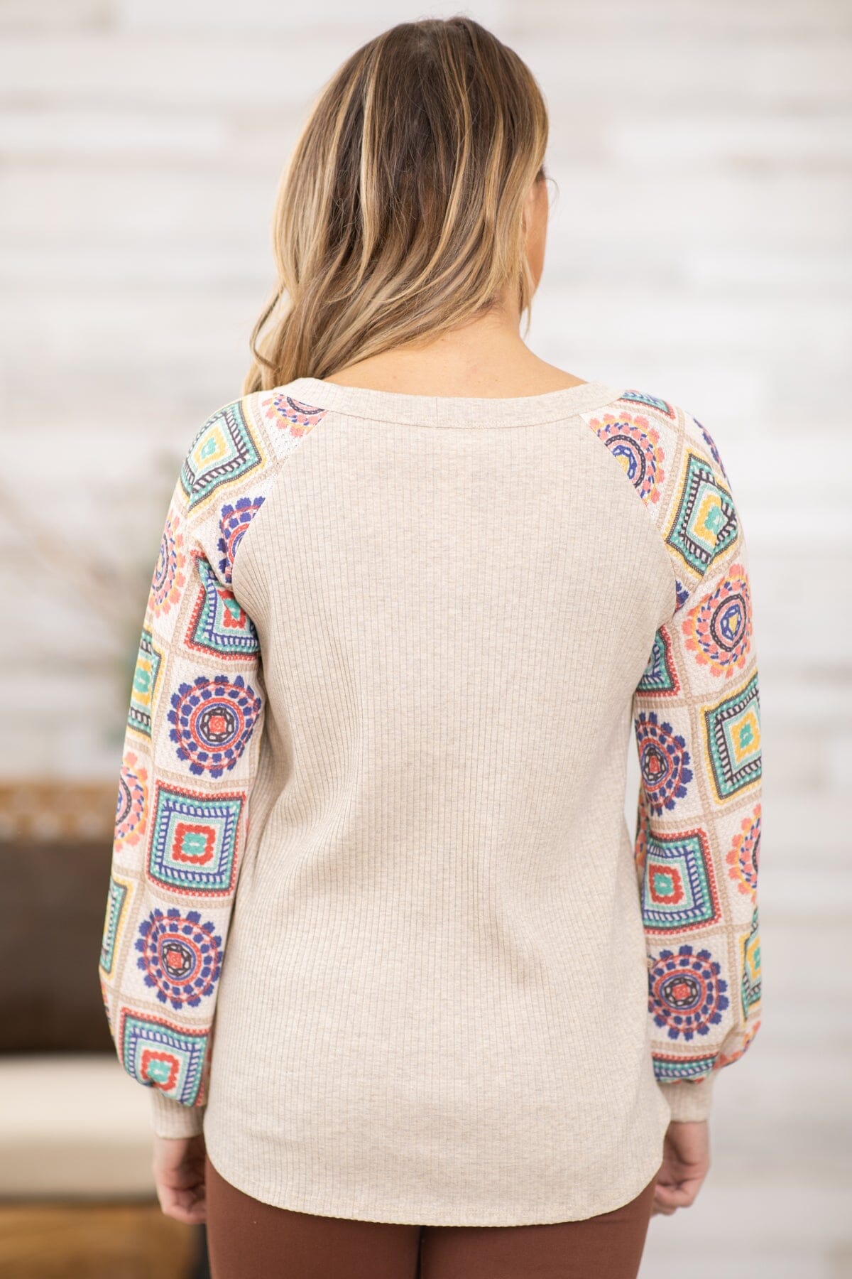 Oatmeal Multicolor Geometric Print Sleeve Top - Filly Flair