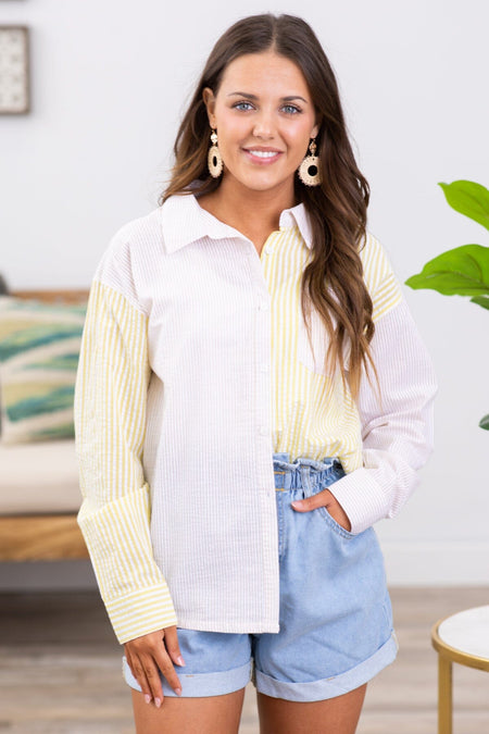 Yellow and White Pinstripe Button Up Top - Filly Flair