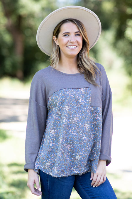 Mocha and Dusty Blue Floral Print Top - Filly Flair