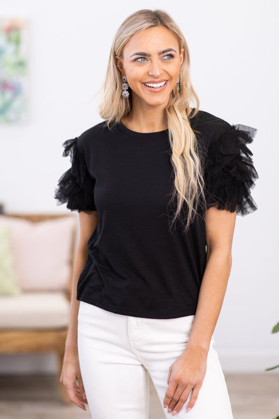 Black Layered Tulle Sleeve Top