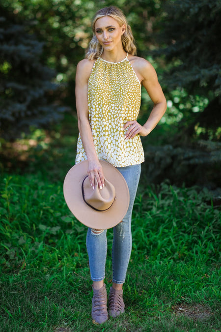 Mustard Dot Print Halter Neck Tank - Filly Flair