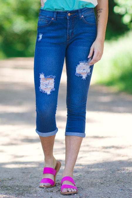 Medium Wash Distressed Capris - Filly Flair