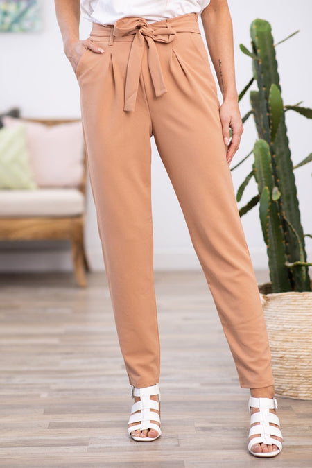 Tan Tie Waist Pleat Dress Pants - Filly Flair