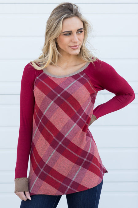 Burgundy/Mocha Plaid Long Sleeve Top - Filly Flair