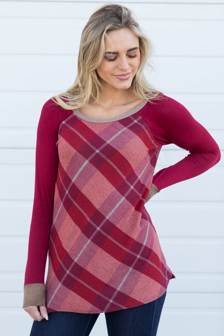 Burgundy/Mocha Plaid Long Sleeve Top - Filly Flair