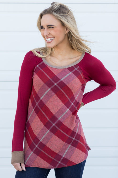 Burgundy/Mocha Plaid Long Sleeve Top - Filly Flair