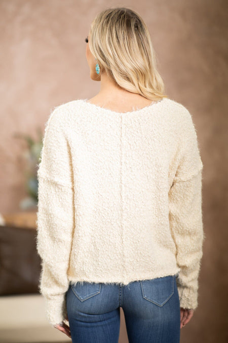 Cream V-Neck Eyelash Sweater - Filly Flair