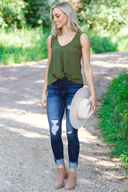 Olive Twist Hem V-Neck Tank - Filly Flair