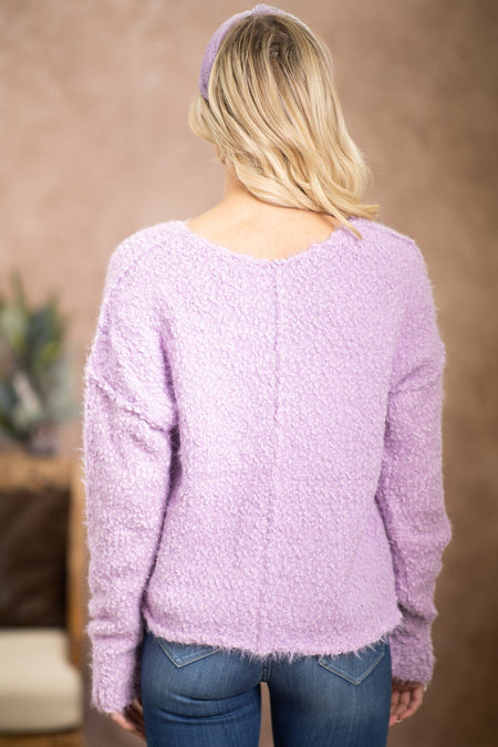 Lavender V-Neck Eyelash Sweater - Filly Flair