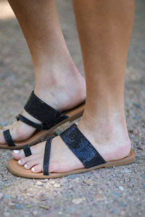 Black Rhinestone Sandals with Toe Strap - Filly Flair