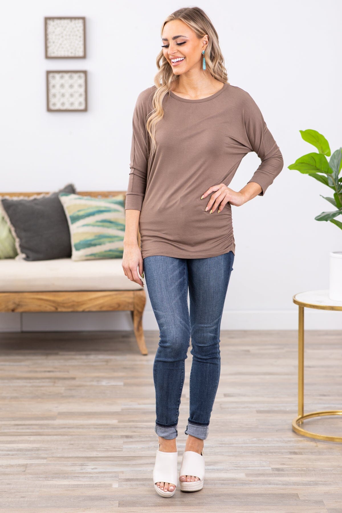 Mocha Dolman Sleeve Boat Neck Top - Filly Flair