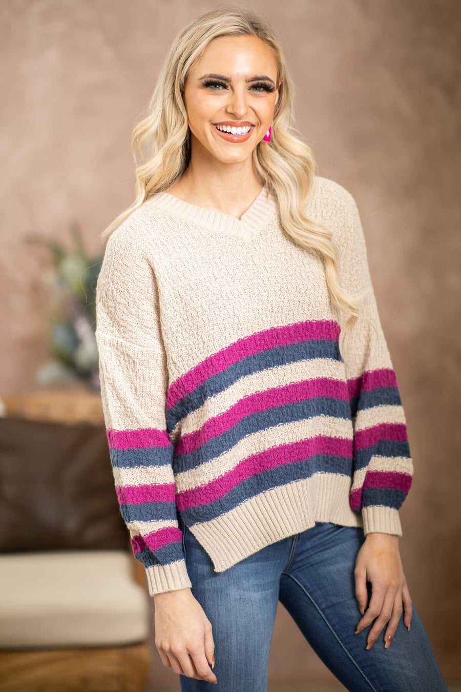 Oatmeal Multicolor Stripe Sweater - Filly Flair