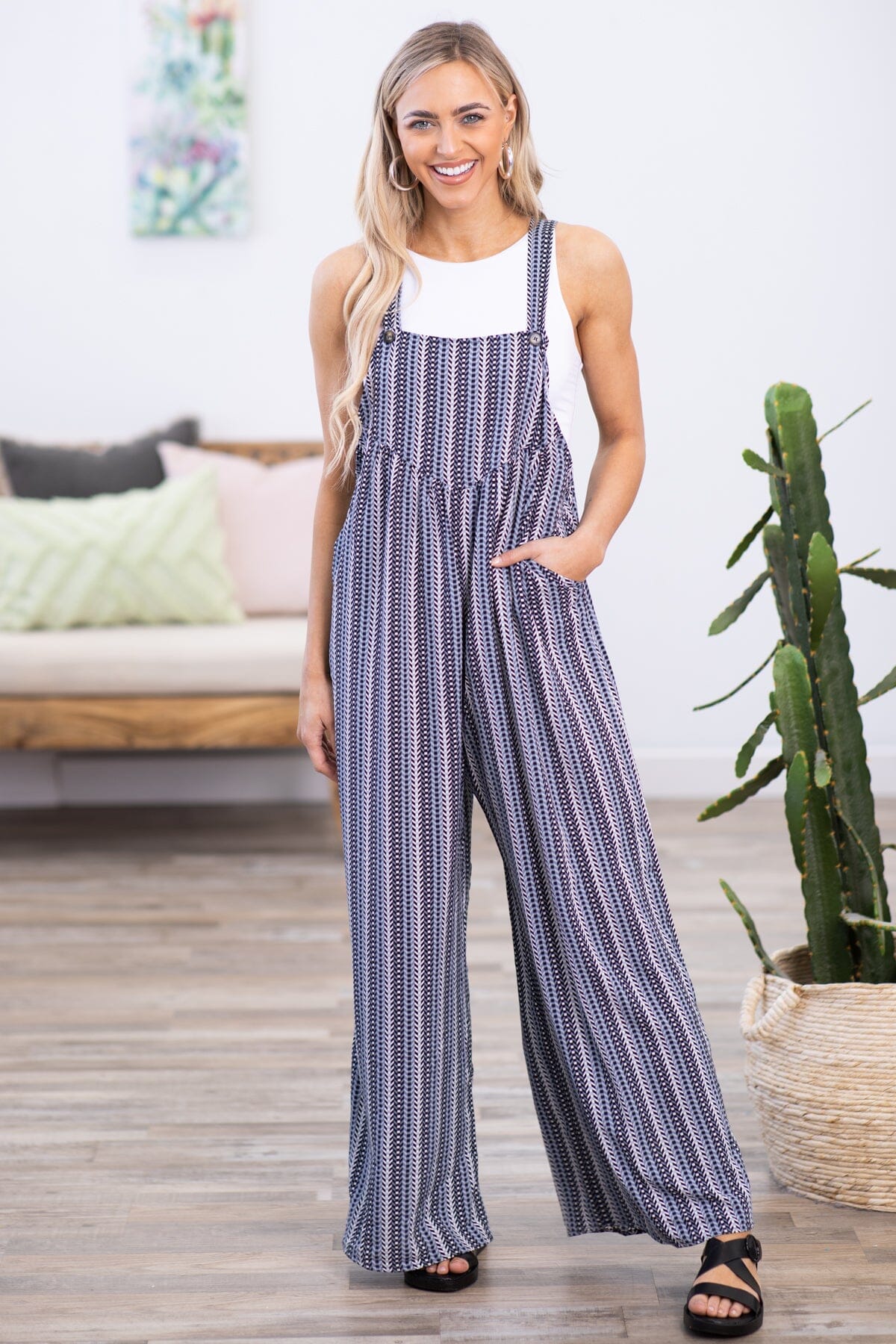 Black and Slate Blue Stripe Wide Leg Overalls · Filly Flair