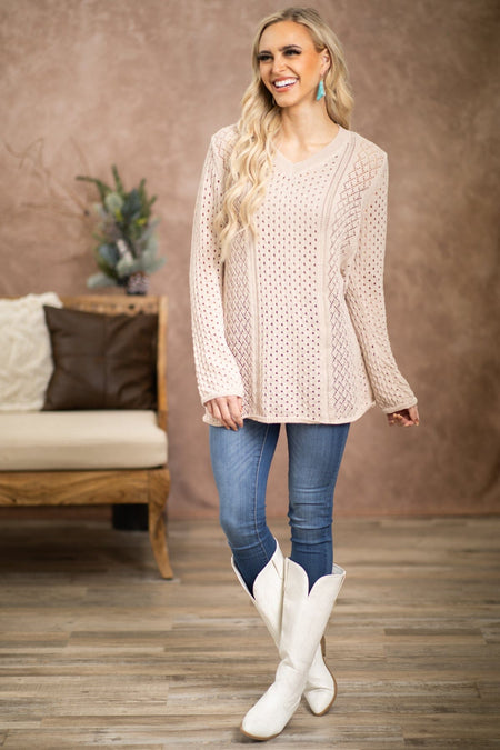 Oatmeal Pointelle Bell Sleeve Sweater - Filly Flair