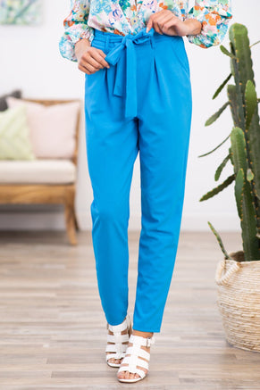 Sky Blue Tie Waist Pleat Dress Pants - Filly Flair