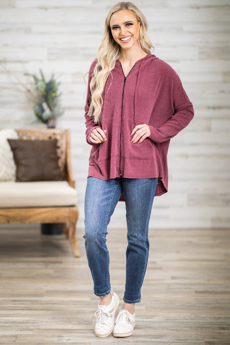 Burgundy Rib Knit Full Zip Hooded Top - Filly Flair